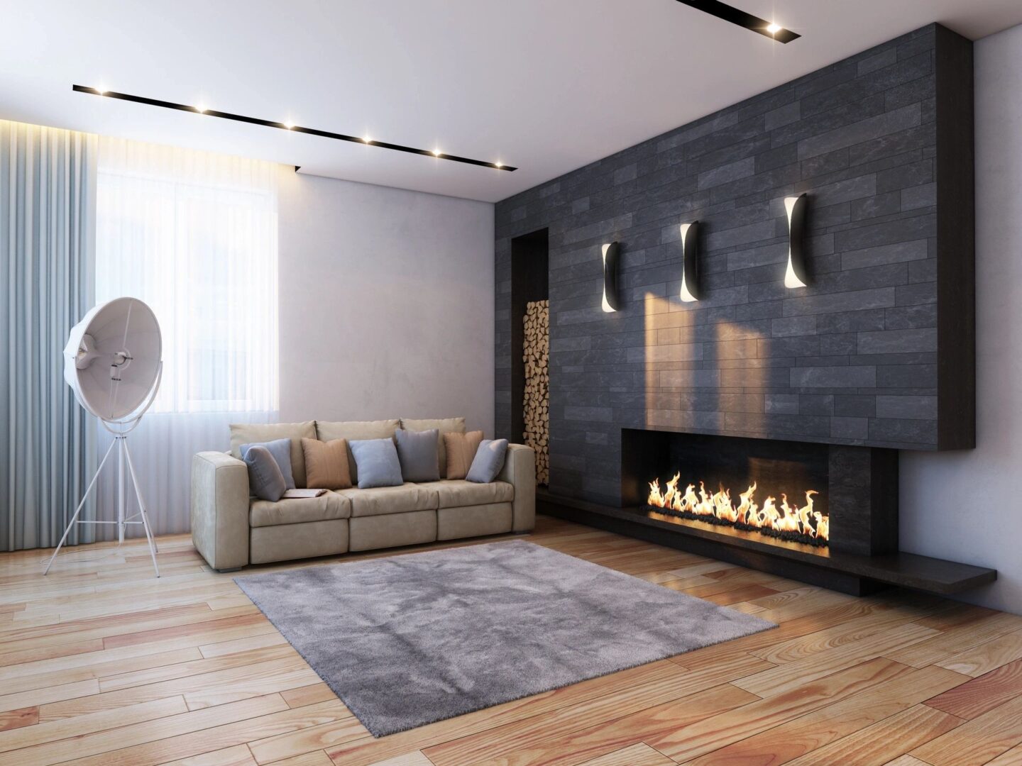 A living room with a fireplace and couch