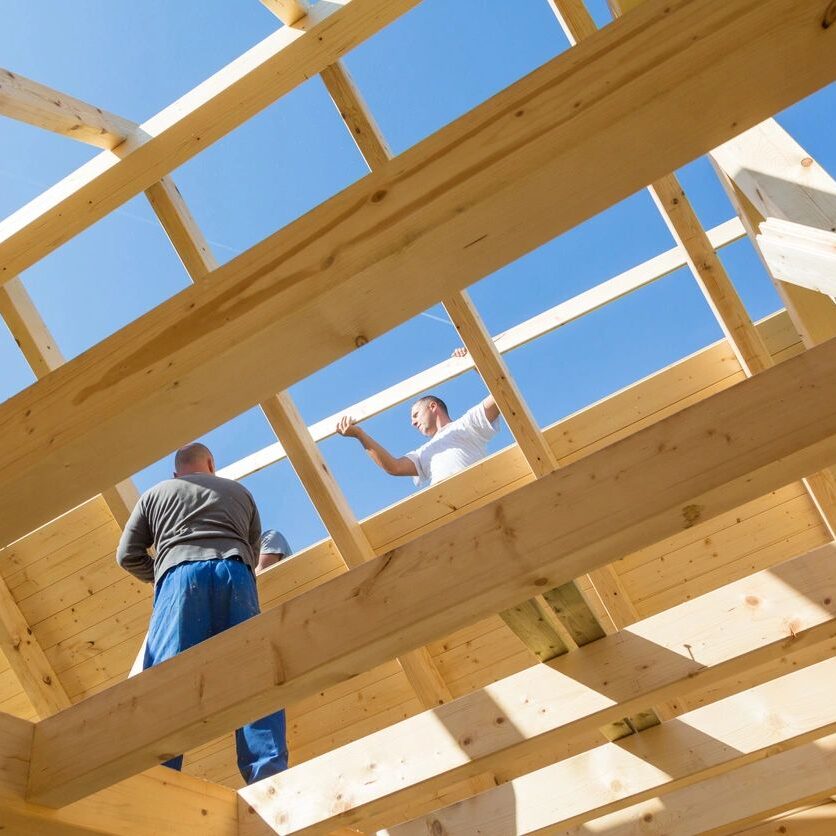 Two men are standing on a roof of a house.